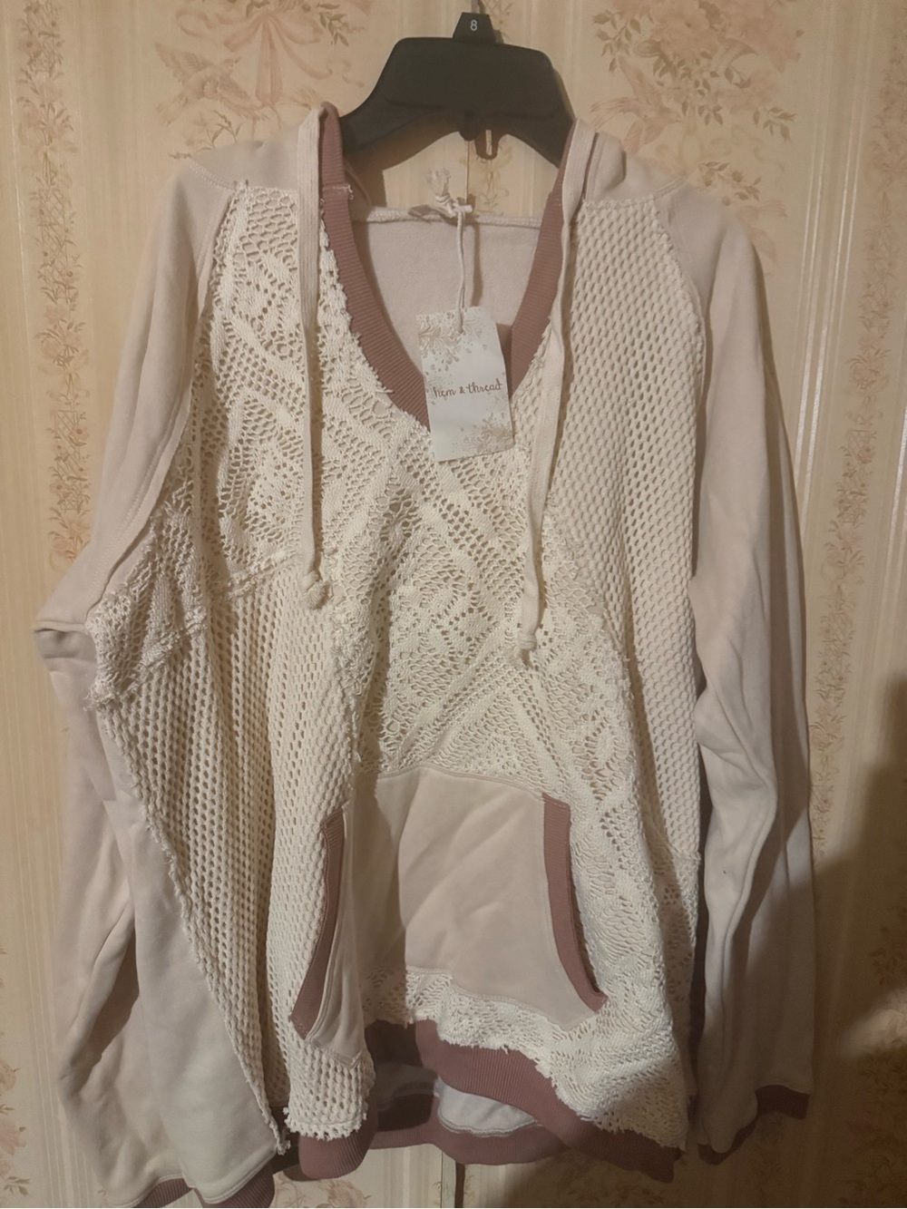 Hem & Thread Cream Crochet Hoodie with Dusty Rose Trim